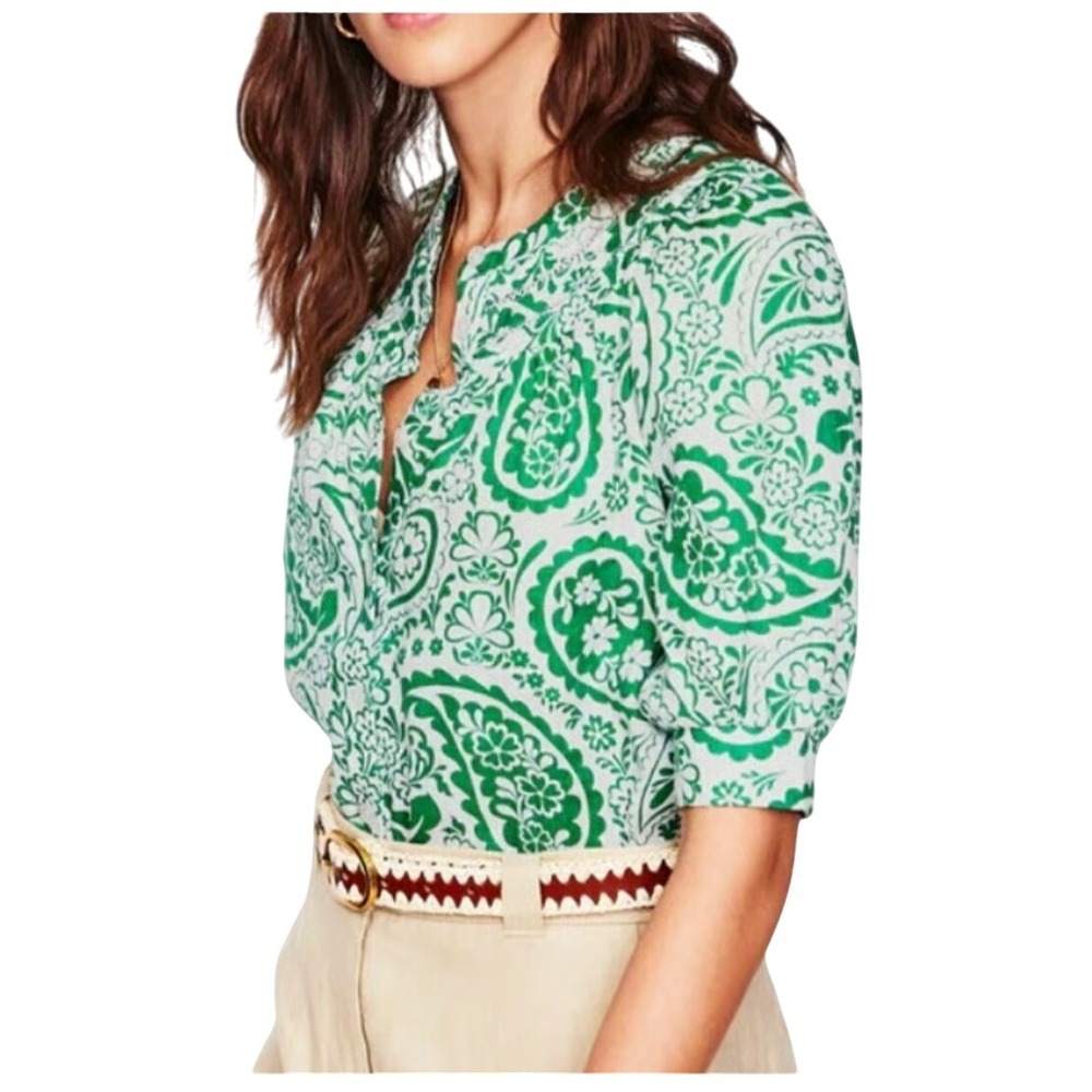 Boden Womens Top‎ US 4 Green White Paisley Print Button Short Sleeve NEW RV $98